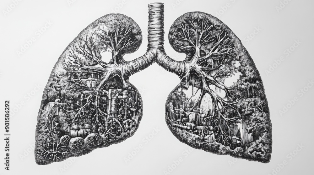 A detailed black-and-white ink drawing of lungs filled with industrial machinery and natural elements, symbolizing the conflict between nature and industrialization.
A detailed black-and-white ink drawing of lungs filled with industrial machinery and natural elements, symbolizing the conflict between nature and industrialization.