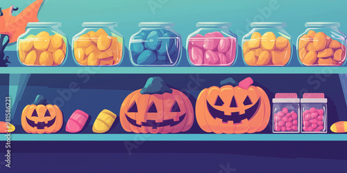 Packaged candies placed on a shelf, ready for a Halloween event, sweet illustration photo