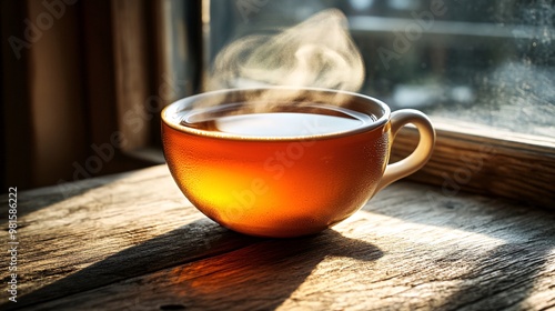 A cup of hot tea with steam rising from it, sitting on a wooden windowsill in the morning sunlight.