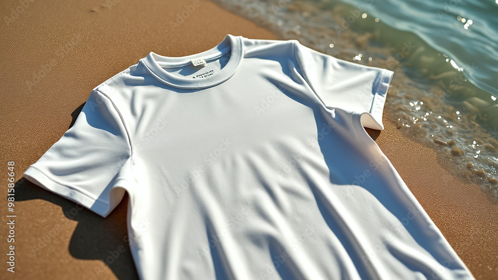 White T-Shirt Mockup on Beach-Themed Background