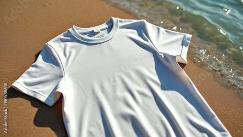 Obraz na płótnie White T-Shirt Mockup on Beach-Themed Background w salonie