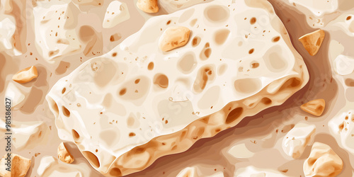 Portion of hard nougat demonstrating rigid, brittle surface with visible nut inclusions, sweet illustration art