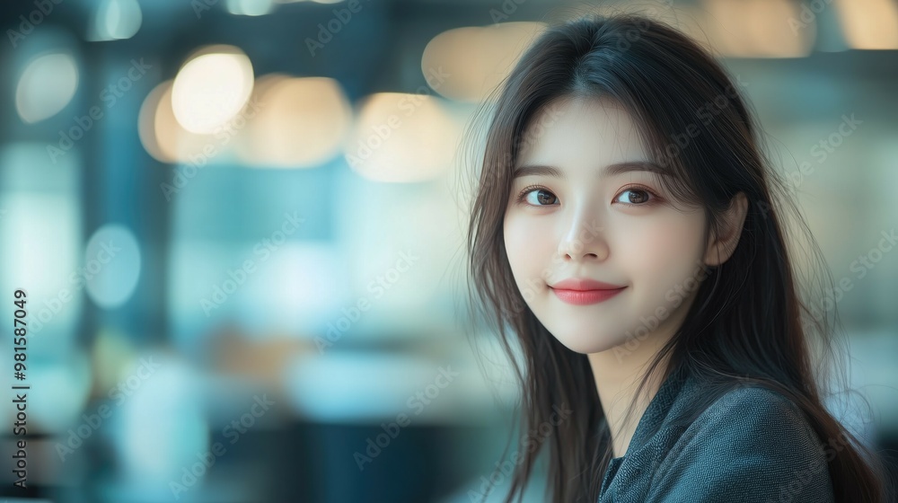 Beautiful successful young asian korean girl manager or CEO in the office smiling at camera