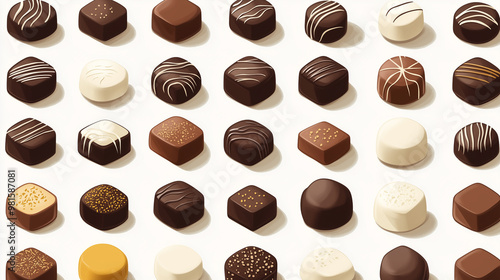 Rows of handmade chocolates arranged side by side on a flat table, sweet illustration art