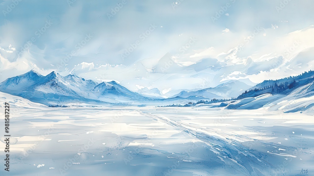 A panoramic winter scene with a wide expanse of white snow stretching towards a distant mountain range, the cold, crisp air visible in the soft blues and whites of the landscape, evoking a sense of A panoramic winter scene with a wide expanse of white snow stretching towards a distant mountain range, the cold, crisp air visible in the soft blues and whites of the landscape, evoking a sense of