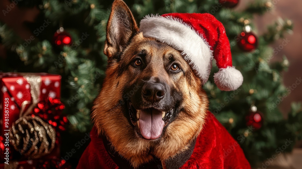 A joyful German Shepherd wearing a Santa costume poses happily in front of a festive Christmas tree adorned with colorful decorations and gifts, embracing the holiday spirit. A joyful German Shepherd wearing a Santa costume poses happily in front of a festive Christmas tree adorned with colorful decorations and gifts, embracing the holiday spirit.