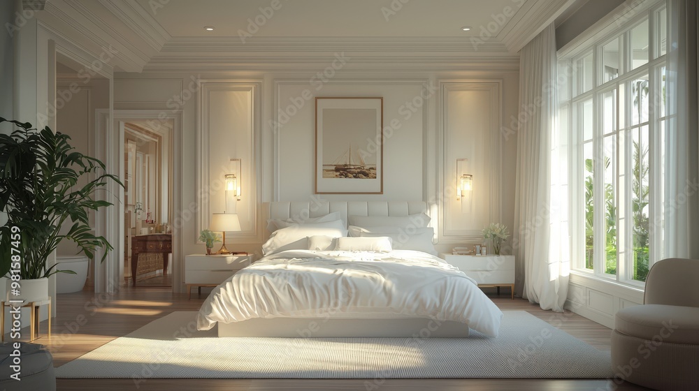 Fototapeta premium A serene, light-filled bedroom with a pristine white bed dressed in luxurious linens, surrounded by clean, modern furnishings, soft neutral tones, and gentle lighting for a peaceful and stylish