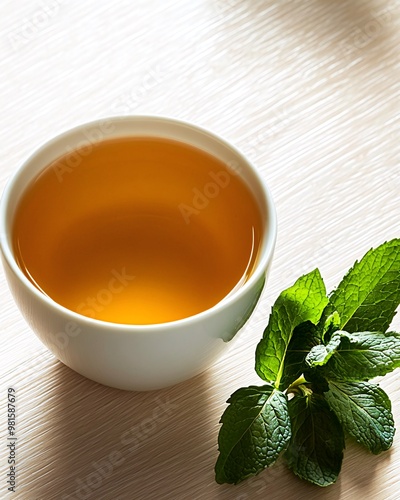 A cup of brewed tea with fresh mint leaves on a wooden surface.