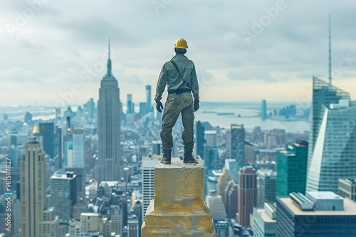 A construction worker stands atop a tall building, gazing over the New York City skyline on Labor Day. The iconic Empire State Building is visible in the distance against a cloudy sky.