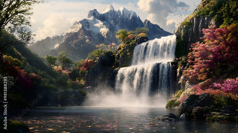 Fototapeta premium Serene waterfall in a vibrant tropical garden scene picture 