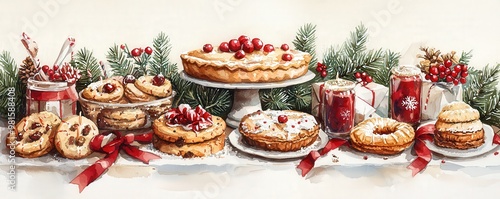 A Christmas bakery table filled with freshly baked cookies, pies, and festive pastries, surrounded by holiday dÃ©cor such as pine branches, red ribbons, and twinkling lights, capturing the warmth and