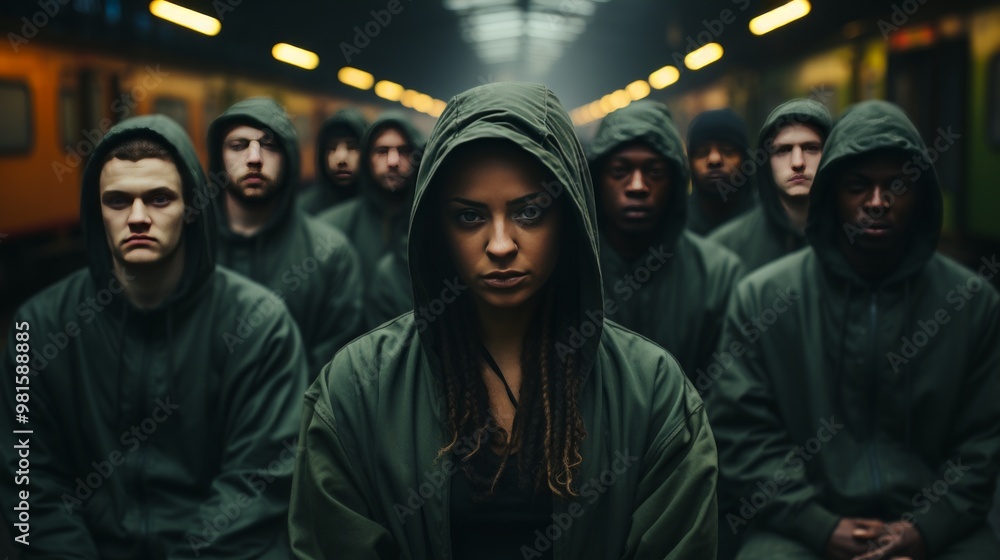 Mysterious figures in hoods meditate in the depths of a dense forest, creating an aura of enigma and tranquil calm Mysterious figures in hoods meditate in the depths of a dense forest, creating an aura of enigma and tranquil calm