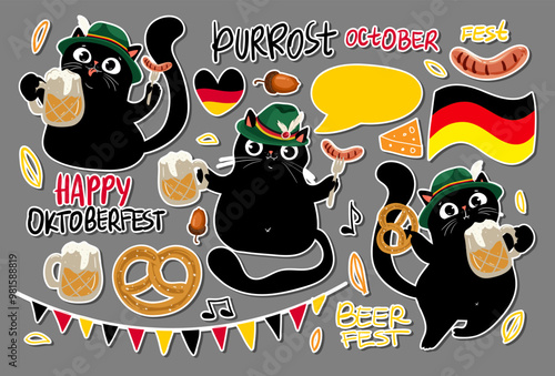 Set of funny black cats and hand drawn lettering for Oktoberfest Beer Festival, Set of Oktoberfest vector design elements. Perfect for stickers, bagdes and other. Vector EPS 10