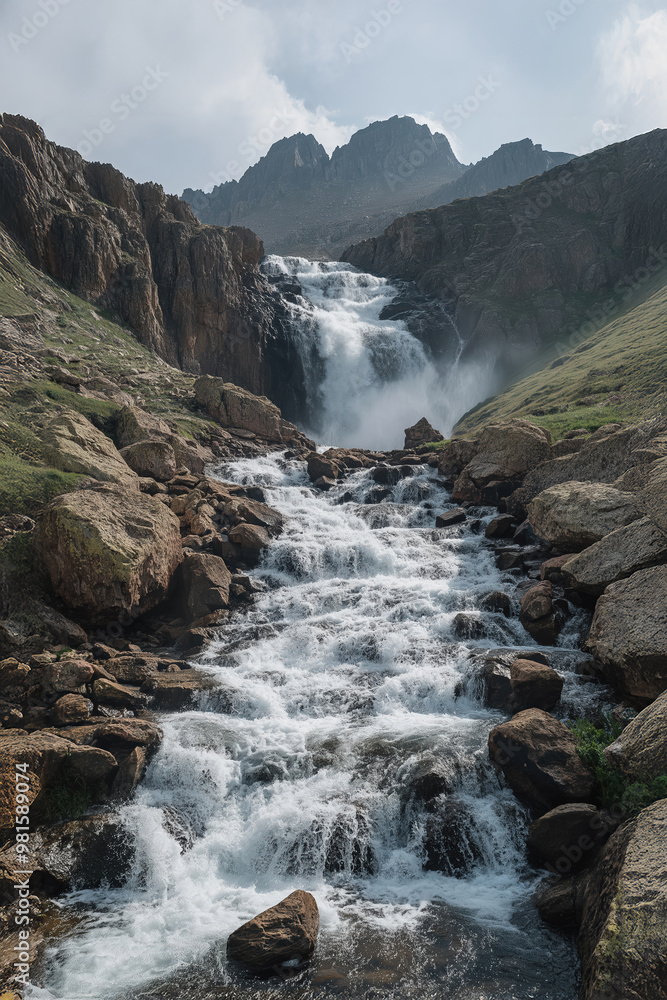 Fototapeta premium Majestic waterfall cascading down rocky cliffs in a mountainous landscape during the day