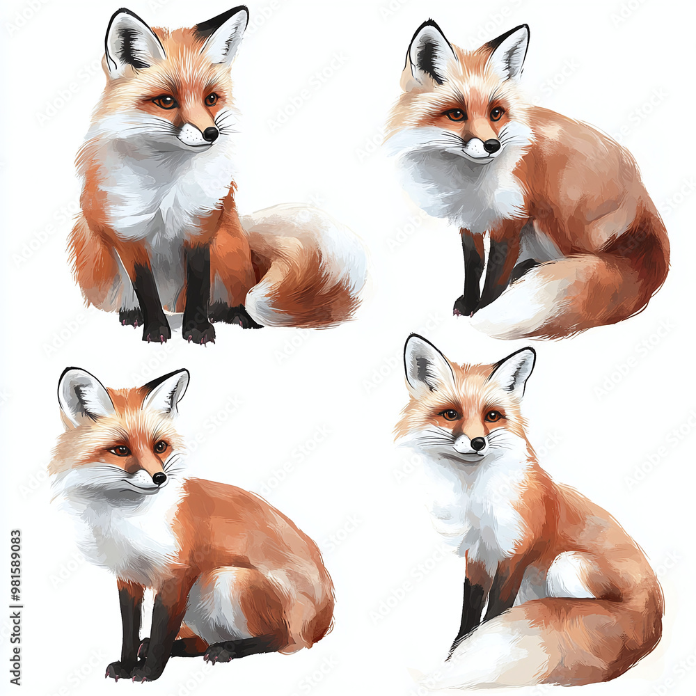 Fototapeta premium cute fox in different poses clipart, white background