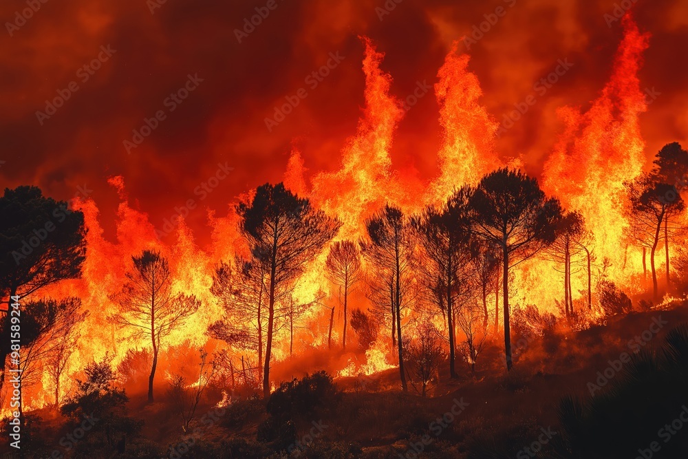 Intense wildfire engulfing forest during evening hours, creating a dramatic display of flames and smoke in the countryside Intense wildfire engulfing forest during evening hours, creating a dramatic display of flames and smoke in the countryside