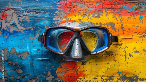 A diving mask rests on a creatively painted wooden surface featuring bright blue and yellow hues. The contrasting colors highlight the mask design and create an eye-catching effect. photo