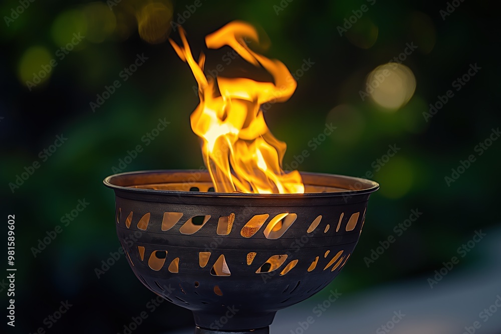 Outdoor torch flame flickering brightly in a decorative metal holder surrounded by greenery during a summer evening Outdoor torch flame flickering brightly in a decorative metal holder surrounded by greenery during a summer evening