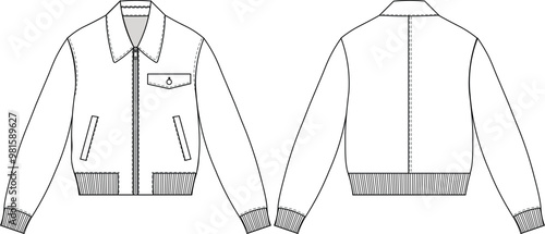 zippered collared long sleeve ribbed hem ribbed cuff slouchy balloon sleeve pocket men unisex jacket leather  template technical drawing flat sketch cad mockup fashion man design style model
