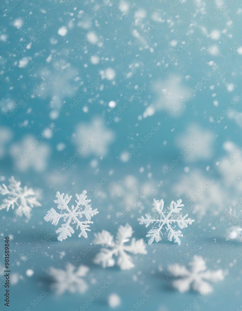 Minimalist winter background with depth of field featuring soft snowflakes on a light blue backdrop Minimalist winter background with depth of field featuring soft snowflakes on a light blue backdrop