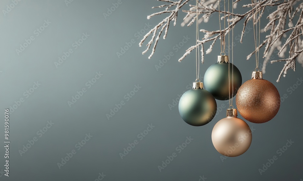 Minimalist Christmas banner with Boul de Noel balls and snowy branches on a gray background, designed for a calm and modern holiday theme Minimalist Christmas banner with Boul de Noel balls and snowy branches on a gray background, designed for a calm and modern holiday theme