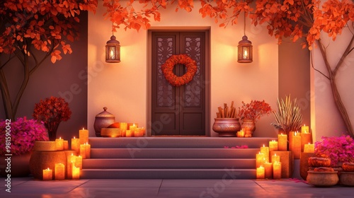 Diwali decorated home entrance with vibrant lights, flowers, and traditional design.
