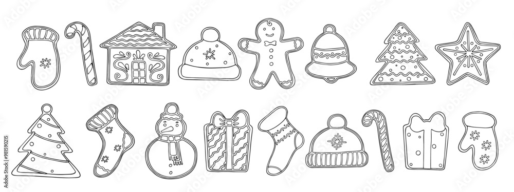 Collection of line sketches of Christmas gingerbread cookies with icing. Vector graphics. Collection of line sketches of Christmas gingerbread cookies with icing. Vector graphics.