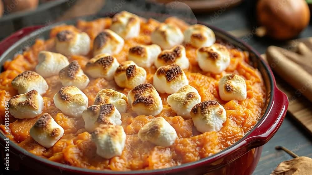 This warm, sweet potato casserole with golden marshmallows sits on a table, ready to serve. This warm, sweet potato casserole with golden marshmallows sits on a table, ready to serve.