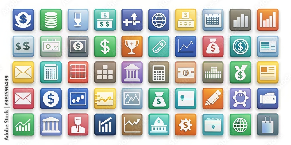 3D Colorful Square Buttons with Finance and Business Icons, finance, business, icons 3D Colorful Square Buttons with Finance and Business Icons, finance, business, icons