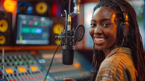 A woman sound engineer is skillfully using a mixing console and headphones in a studio for music production photo