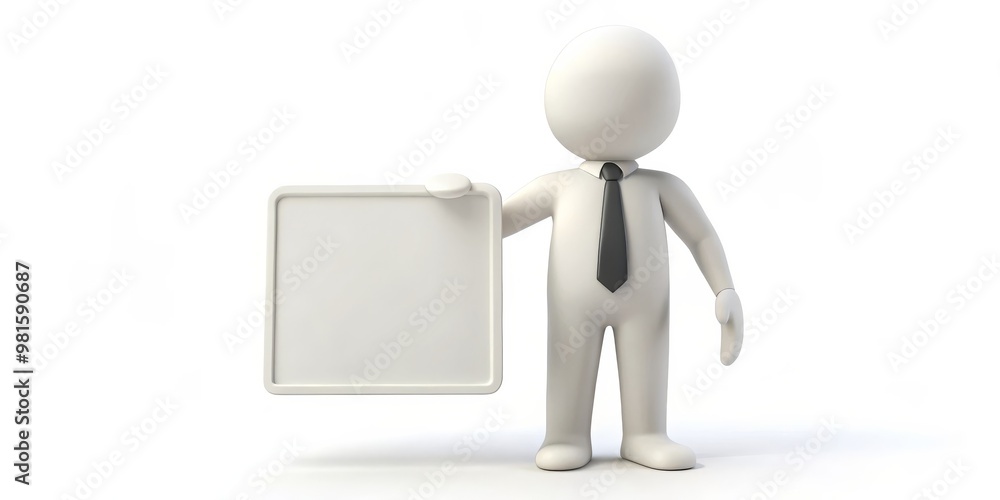 3D White Businessman Holding Blank Square Sign, 3D Rendering, White Background, Business Presentation, Advertising, Marketing