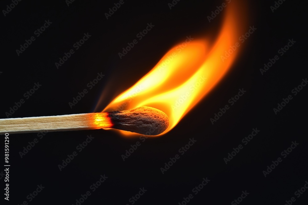 Close-up of a matchstick igniting with bright flames against a dark background Close-up of a matchstick igniting with bright flames against a dark background