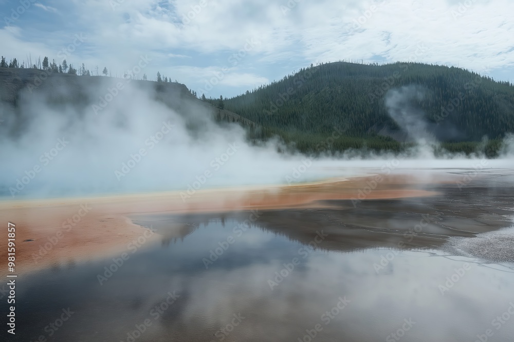 Steam rises from the colorful geothermal pools in Yellowstone National Park on a cloudy afternoon in early summer Steam rises from the colorful geothermal pools in Yellowstone National Park on a cloudy afternoon in early summer