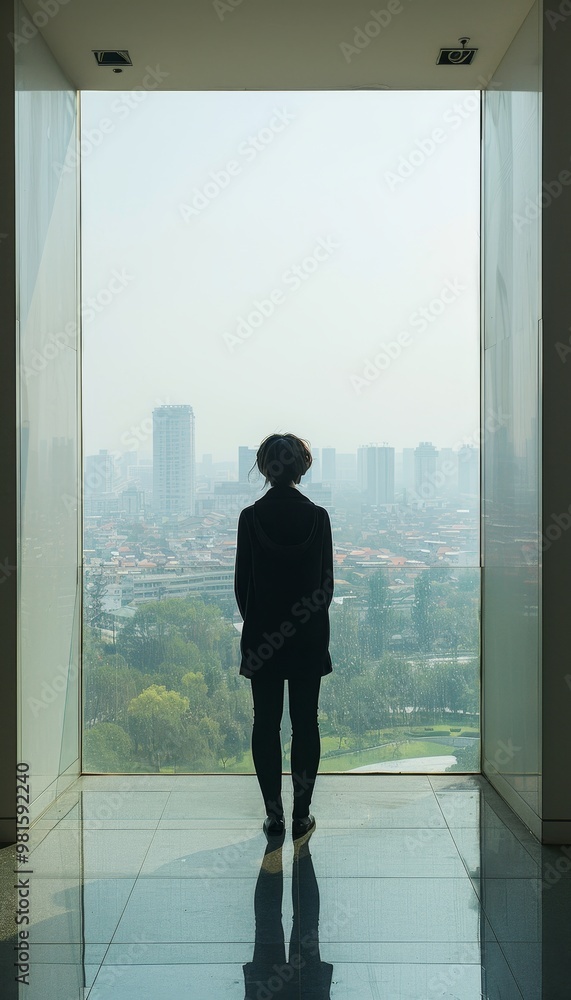 Fototapeta premium Urban vista person silhouetted in high rise office gazes over cityscape, blank space for text