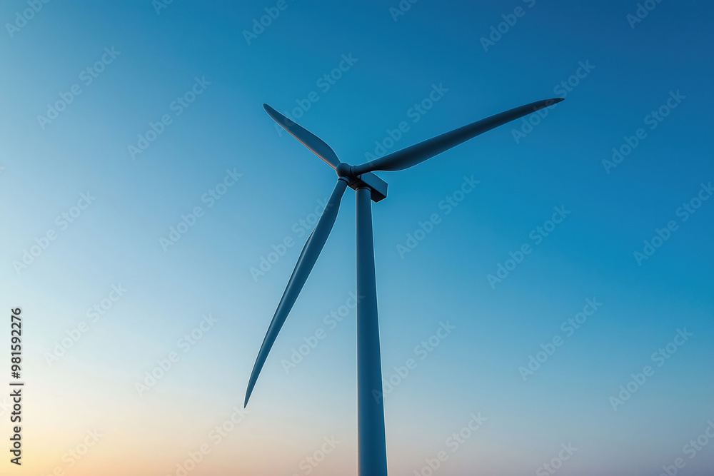 Fototapeta premium View of a wind turbine against a clear sky during sunset, showcasing renewable energy in a serene landscape