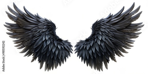 Black Feathered Wings Spread Wide A 3D Render of Majestic Wings, White Background, Feather, Wings, Fantasy, Angel Wings