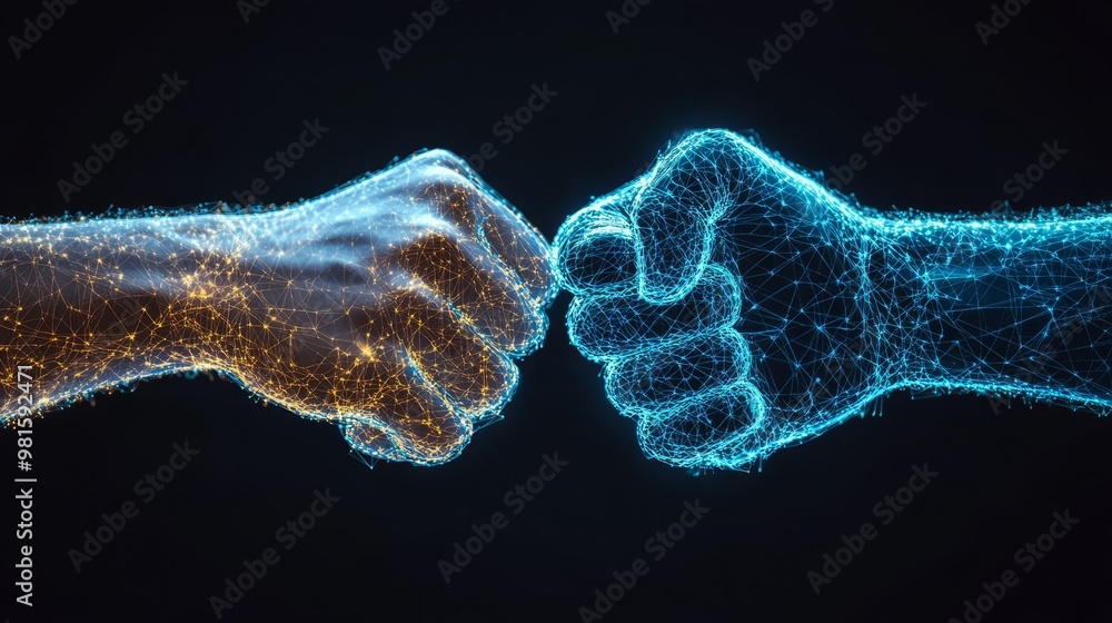 Digital abstract depiction of human hands engaged in a fist bump representing business partnership and cooperation on a dark blue background Digital abstract depiction of human hands engaged in a fist bump representing business partnership and cooperation on a dark blue background