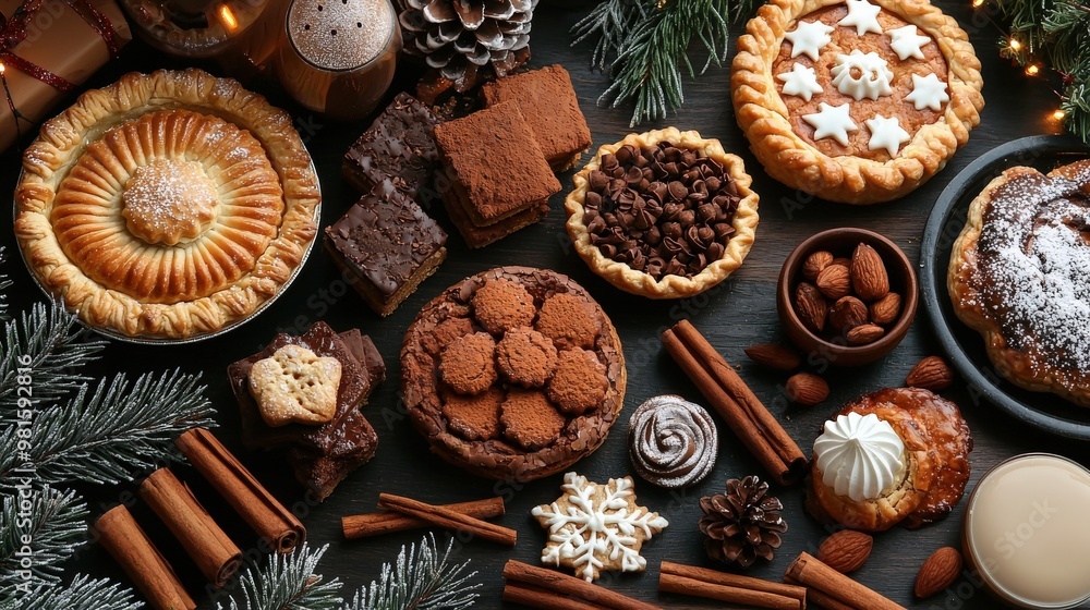 A warm and inviting Christmas bakery table filled with freshly baked pastries, pies, and cookies, set against a backdrop of twinkling holiday lights, cinnamon sticks, and evergreen branches for a A warm and inviting Christmas bakery table filled with freshly baked pastries, pies, and cookies, set against a backdrop of twinkling holiday lights, cinnamon sticks, and evergreen branches for a