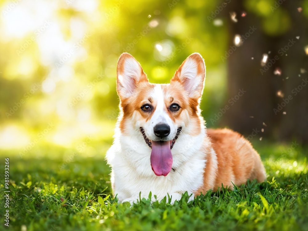 A cheerful corgi lounging in sunlit grass under a vibrant green canopy during a warm afternoon A cheerful corgi lounging in sunlit grass under a vibrant green canopy during a warm afternoon