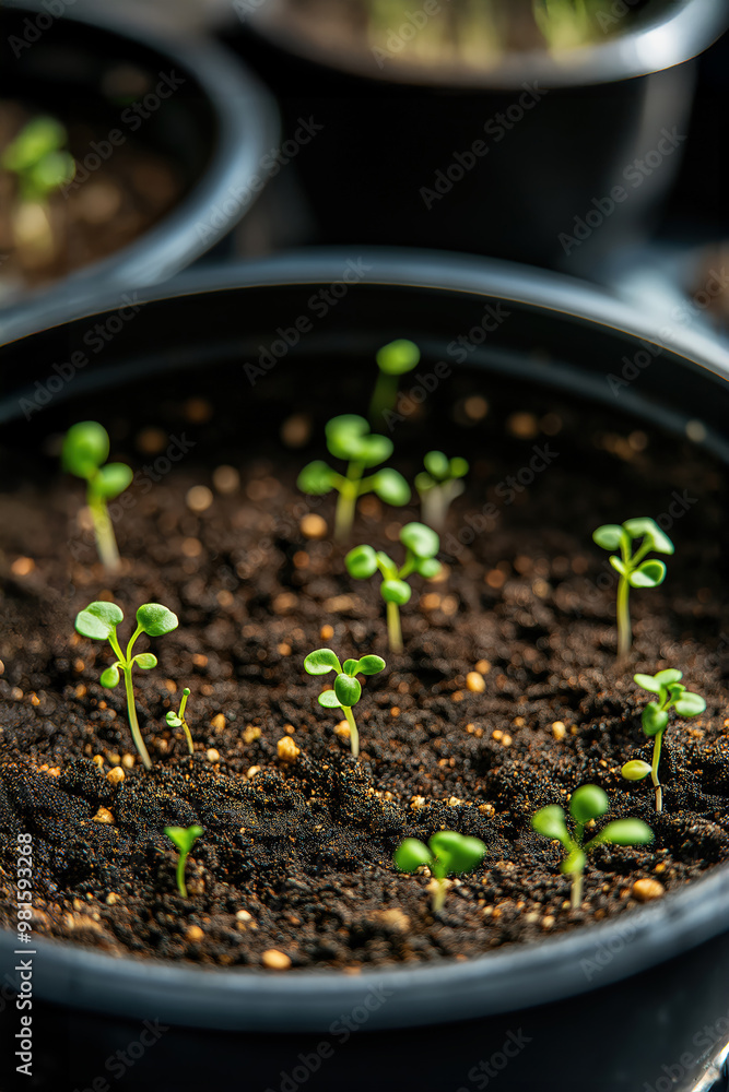 Small green seedlings sprouting in black pots on a sunny windowsill, showing early growth in springtime Small green seedlings sprouting in black pots on a sunny windowsill, showing early growth in springtime
