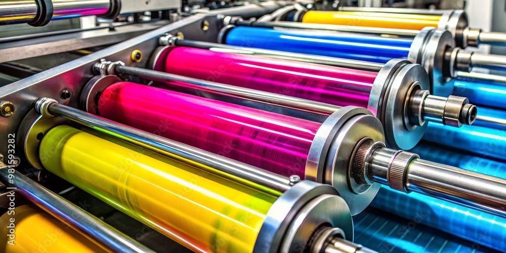 CMYK Printing Process Close-up of Ink Rollers, Printing, Offset Printing, CMYK CMYK Printing Process Close-up of Ink Rollers, Printing, Offset Printing, CMYK