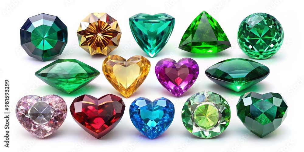 Fototapeta premium Collection of Gemstones Emerald, Ruby, Sapphire, Diamond, Heart, Round, Square