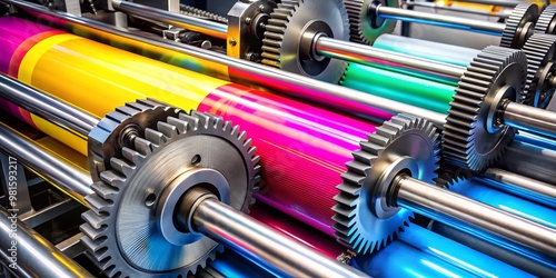 Close-up of CMYK Printing Press Gears, printing, offset printing, press