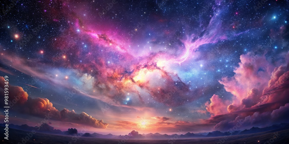 Cosmic Dawn Over Mountains, Digital Art, Starry Sky, Nebula, Landscape, cosmic landscape, starry sky Cosmic Dawn Over Mountains, Digital Art, Starry Sky, Nebula, Landscape, cosmic landscape, starry sky