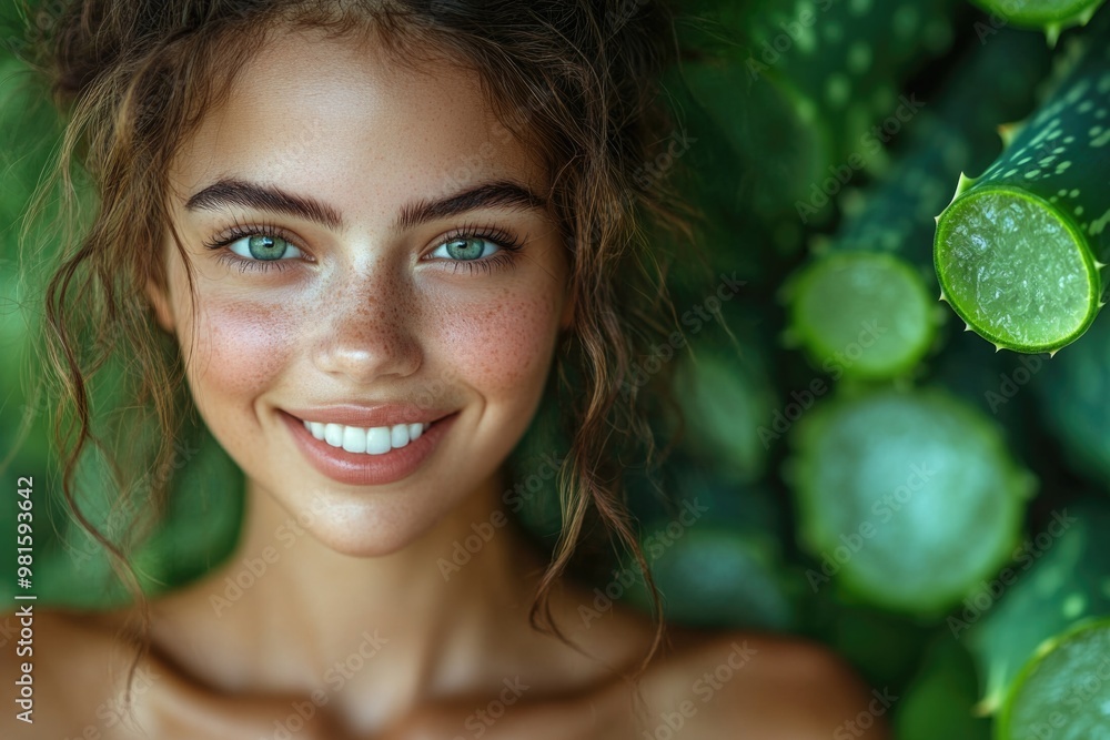 Smiling Woman Holding Aloe Vera Slice: Embrace Natural Skincare for Fresh, Healthy, Glowing Skin Smiling Woman Holding Aloe Vera Slice: Embrace Natural Skincare for Fresh, Healthy, Glowing Skin