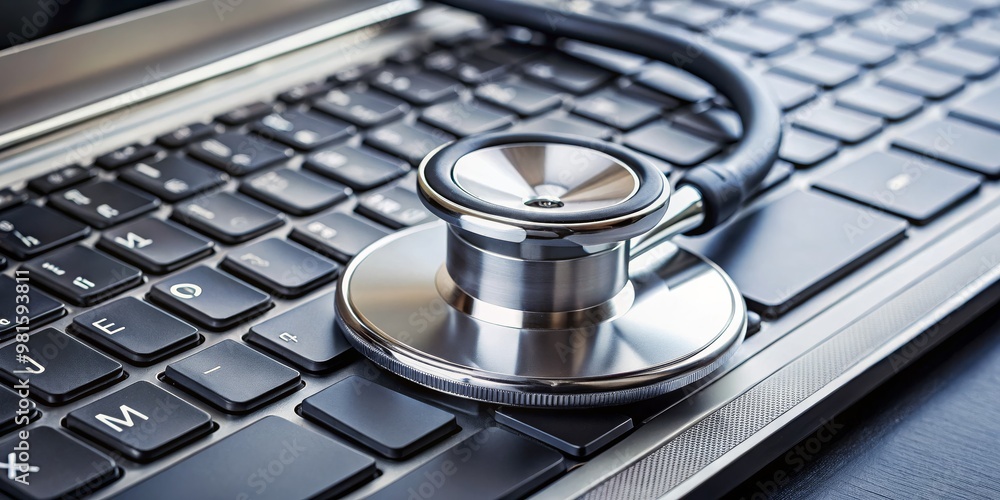 Diagnosing the Digital Age Stethoscope on a Laptop Keyboard, Telehealth, Remote Healthcare, Medical Technology Diagnosing the Digital Age Stethoscope on a Laptop Keyboard, Telehealth, Remote Healthcare, Medical Technology