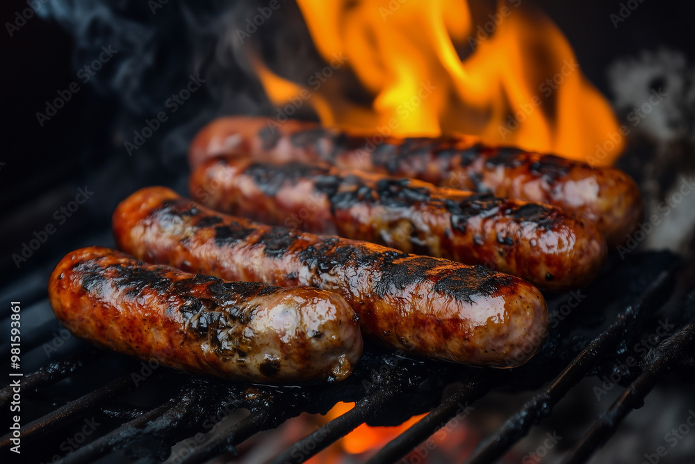 Grilled sausages with smoke and flame Grilled sausages with smoke and flame
