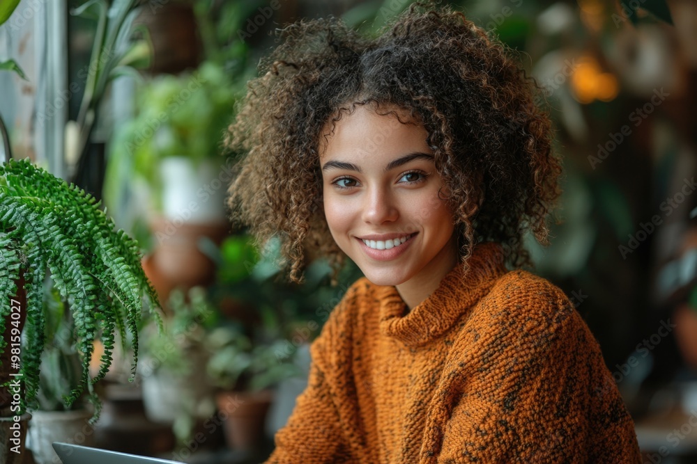 Smiling Woman Concentrating on a Project in a Bright, Modern, and Comfortable Home Office Space Smiling Woman Concentrating on a Project in a Bright, Modern, and Comfortable Home Office Space