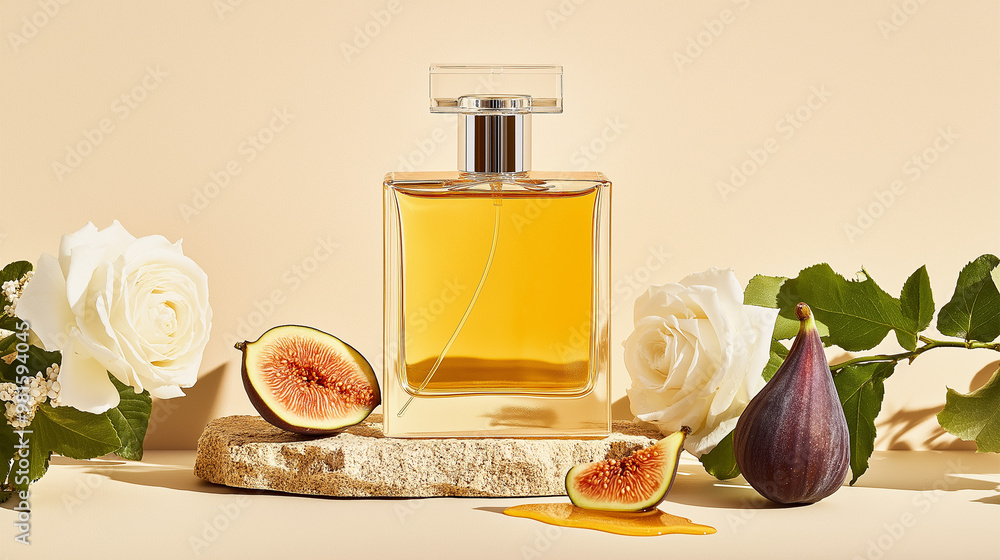 custom made wallpaper toronto digitalan editorial still life image of a bottle of perfume sitting on a stone table with a beige background. there is a fig dripping with honey next to it.