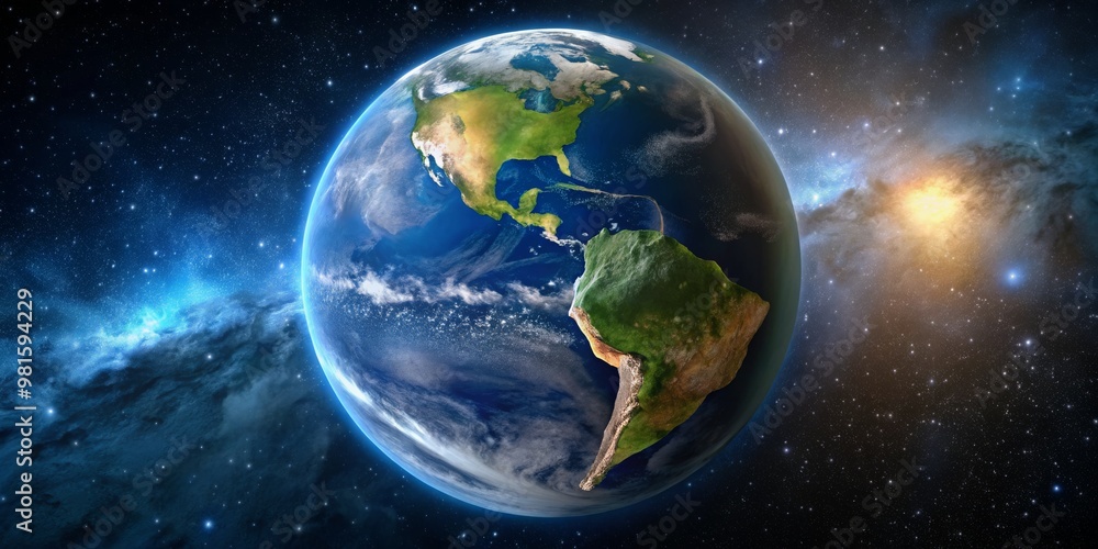 Obraz premium Earth's Hemisphere from Space - A Detailed Composition with Vibrant Colors and Starry Background, space, planet, earth, galaxy